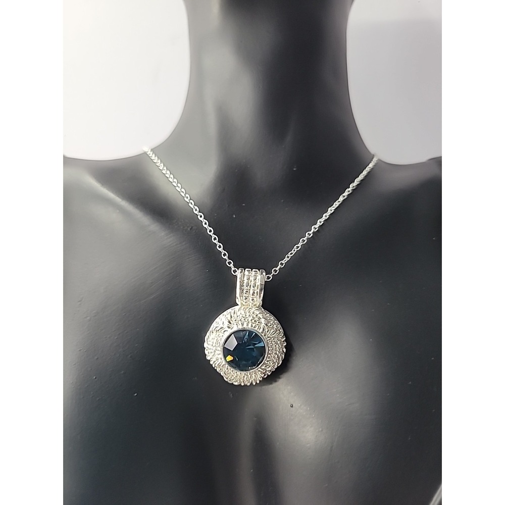 Vintage Roman Pendant Crystal Blue Stone Silver Tone Chain Textured Jewelry